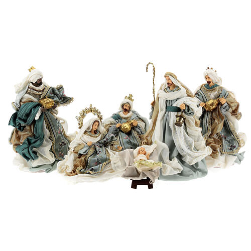 Nativity Scene set of 6, blue and gold, resin and fabric, Venitian style, 30 cm average height 1