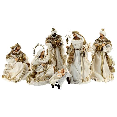 Nativity in Venitian style, set of 6, resin and gold-cream fabric, 40 cm average height 1