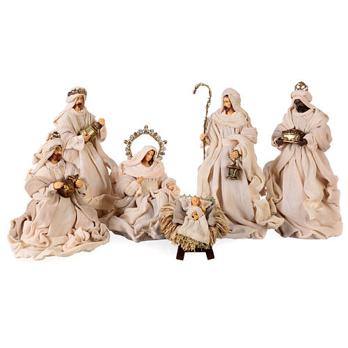 Natividade 6 figuras cor creme resina e tecido 30 cm estilo shabby chic 1