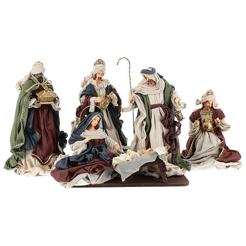 Natividade 6 figuras cores tradicionais resina e tecido 40 cm estilo shabby chic 1