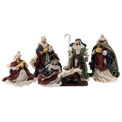 Natividade 6 figuras cores tradicionais resina e tecido 30 cm, estilo shabby chic 1