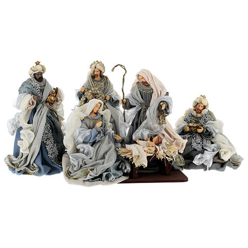 Natividade 6 figuras azul e prata resina e tecido 40 cm, estilo veneziano 1