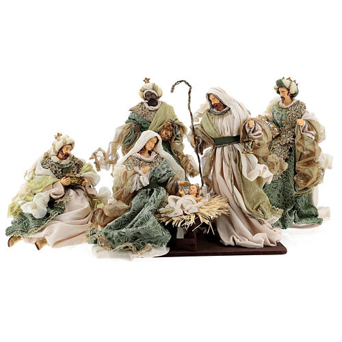 Nativity Scene set of 6, resin and fabric, Venetian style, green and gold, 40 cm 1