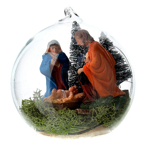 Christmas glass ball of 8 cm with Nativity Scene and snowy trees 2