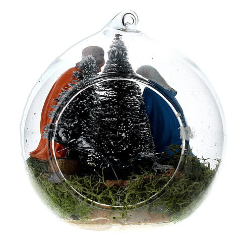 Christmas glass ball of 8 cm with Nativity Scene and snowy trees 3