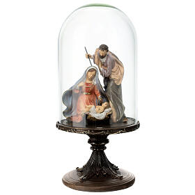 Nativité sur piédestal circulaire et cloche en verre 35 cm