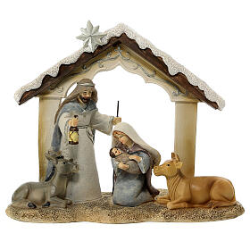 Natividade de Jesus resina com boi e burro sobre base, 18x21,5x9 cm