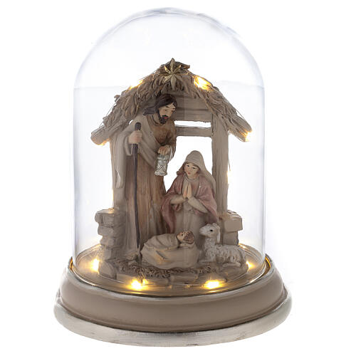 Nativité sous cloche résine peinte et lumières LED 25 cm 1