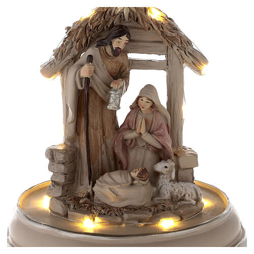 Nativité sous cloche résine peinte et lumières LED 25 cm 2