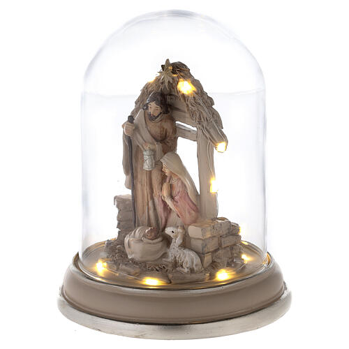 Nativité sous cloche résine peinte et lumières LED 25 cm 3