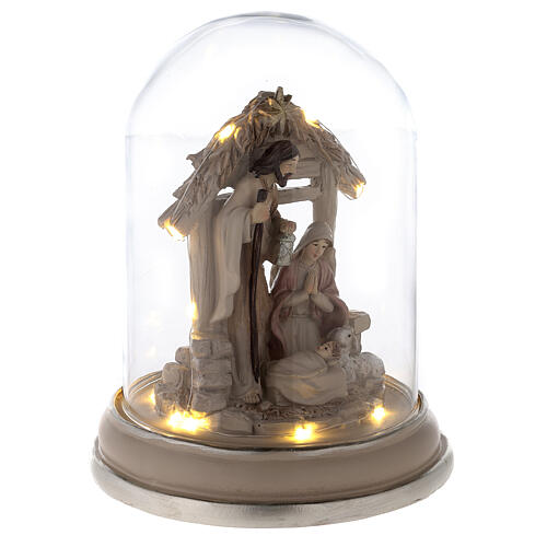 Nativité sous cloche résine peinte et lumières LED 25 cm 4