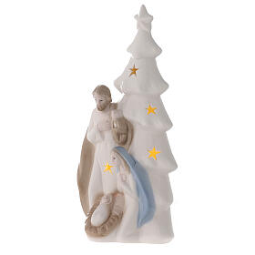 Nativité porcelaine avec sapin de Noël et lumière 23 cm