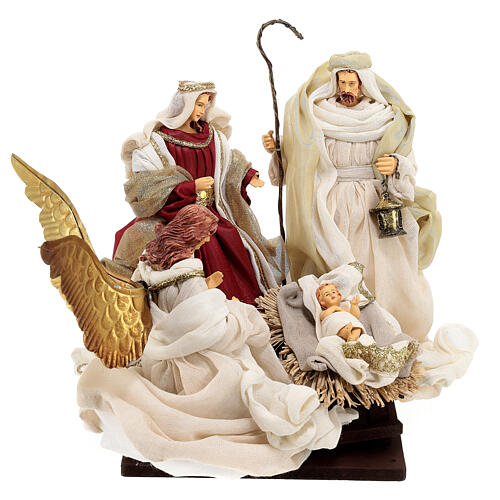 Holy Family statue with angel painted resin beige burgundy 1