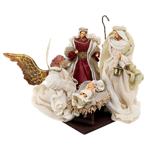 Holy Family statue with angel painted resin beige burgundy 3