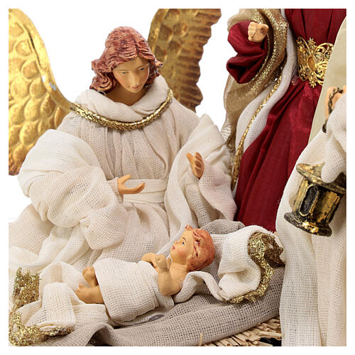 Holy Family statue with angel painted resin beige burgundy 4