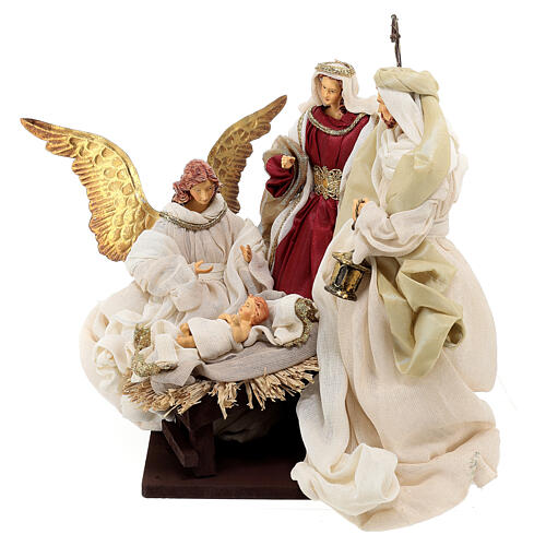 Holy Family statue with angel painted resin beige burgundy 5