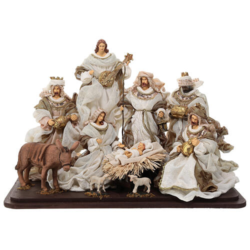 Nativity with Wise Men and angel, wood base, resin and fabric, 30 cm 1