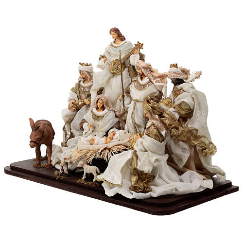 Nativity with Wise Men and angel, wood base, resin and fabric, 30 cm 3