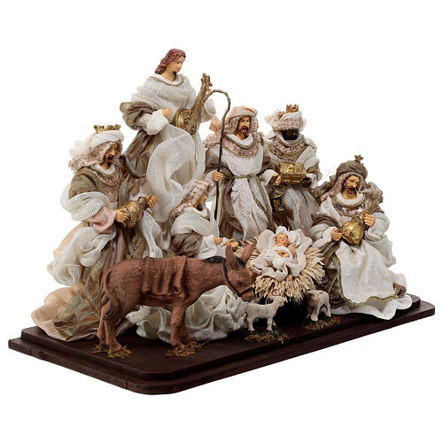 Nativity with Wise Men and angel, wood base, resin and fabric, 30 cm 6