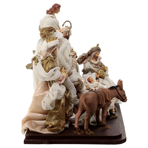 Nativity with Wise Men and angel, wood base, resin and fabric, 30 cm 9