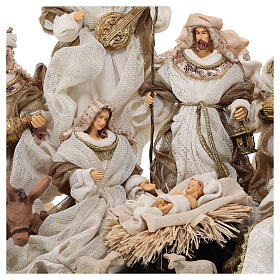 Scena Narodzin, żywica i tkanina, Trzej Królowie, anioł, drewniana podstawa, 30 cm