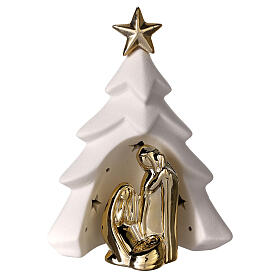 Krippe gold mit Weihnachtsbaum und Lichtern, 17 cm