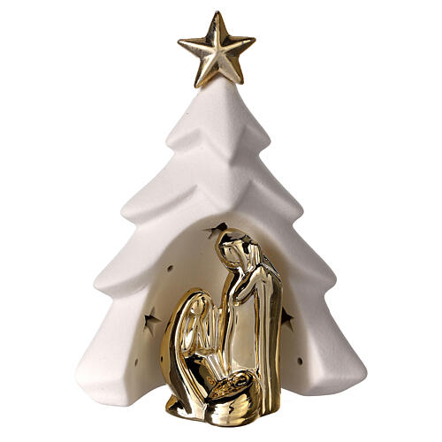 Christmas tree with golden Nativity, porcelain and resin with lights, 17 cm 1