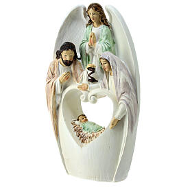 Nativity with angel and cut-out heart, white resin, 20x12x5 cm