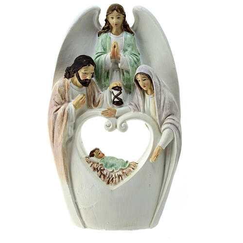 Nativity with angel and cut-out heart, white resin, 20x12x5 cm 1
