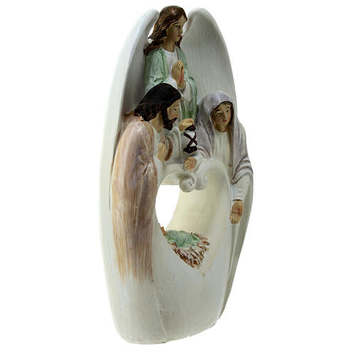 Nativity with angel and cut-out heart, white resin, 20x12x5 cm 3