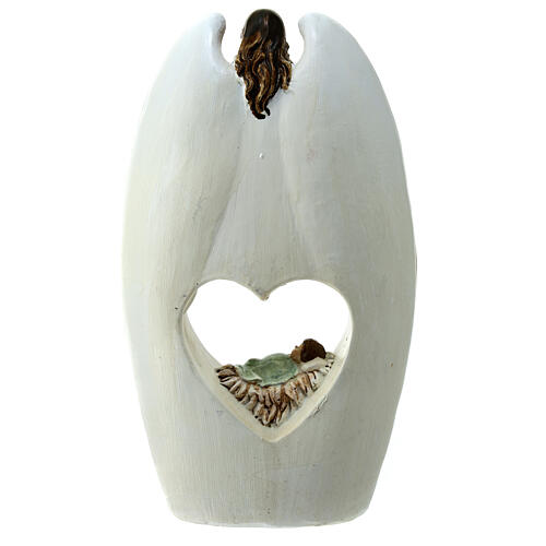 Nativity with angel and cut-out heart, white resin, 20x12x5 cm 4