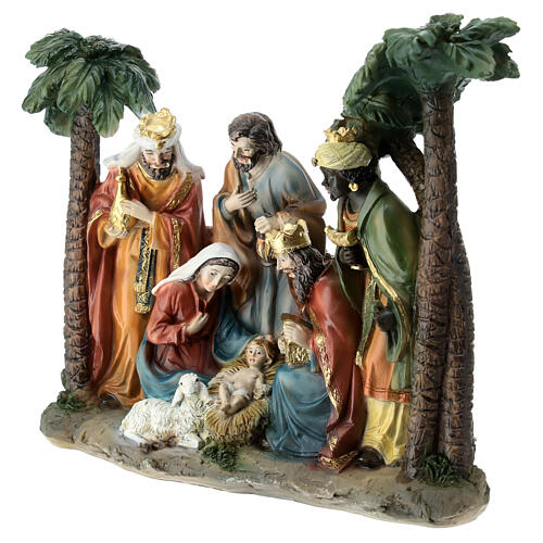 Nativity with Wise Men and palm trees, painted resin, 20x20x10 cm 2