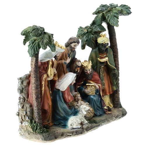 Nativity with Wise Men and palm trees, painted resin, 20x20x10 cm 3