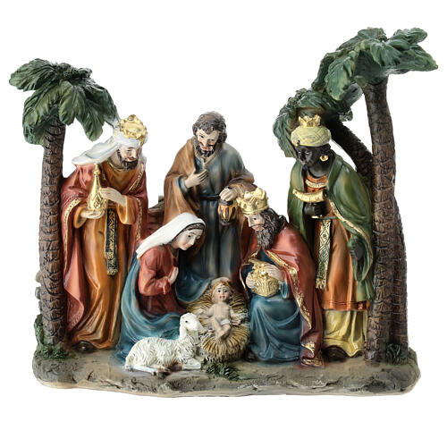 Natività Re magi palme resina colorata 20x20x10 cm 1