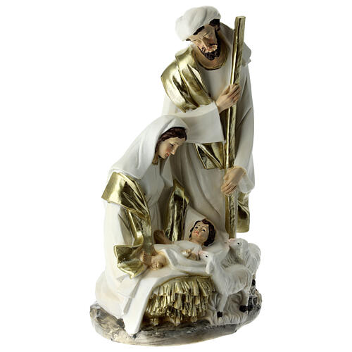 Holy Family Nativity white gold robes and lambs 25x15x10 cm 3