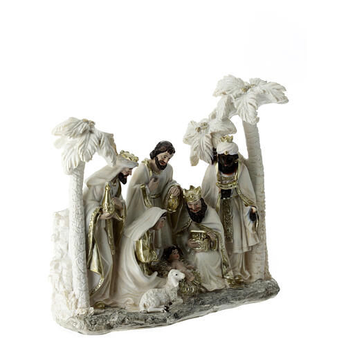 Holy Family with Wise Men, white and gold resin, 20x20x8 cm 3