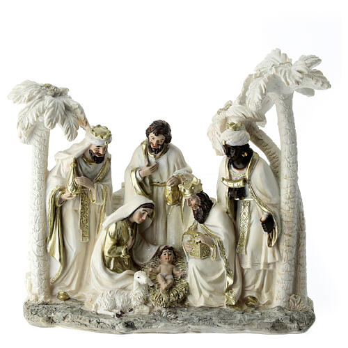 Sacra Famiglia con Re magi bianca oro resina 20x20x18 cm 1