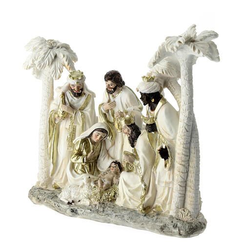 Sacra Famiglia con Re magi bianca oro resina 20x20x18 cm 2