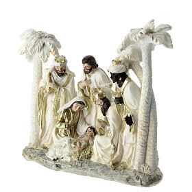 Sagrada Família com Reis Magos resina branca e ouro 20x20x18 cm
