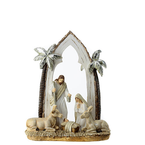 Shabby Chic Nativity with arch of palm trees, resin, 20x15x5 cm 1