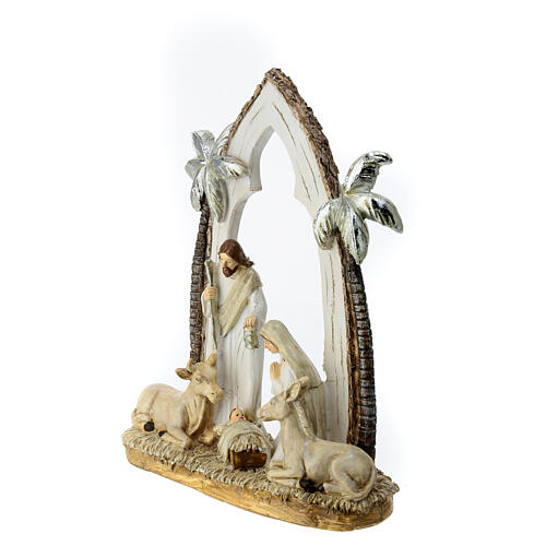 Shabby Chic Nativity with arch of palm trees, resin, 20x15x5 cm 2