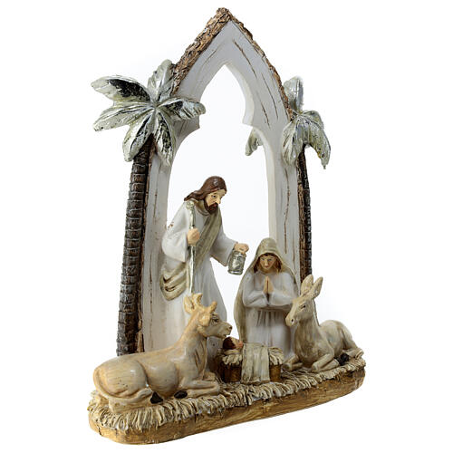 Shabby Chic Nativity with arch of palm trees, resin, 20x15x5 cm 3