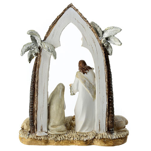 Shabby Chic Nativity with arch of palm trees, resin, 20x15x5 cm 4