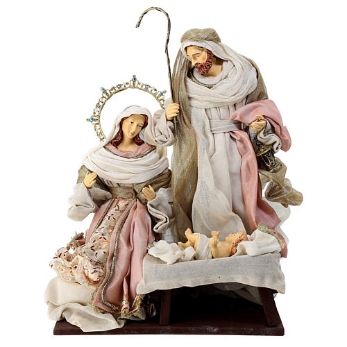 Holy Family resin fabric rose gold wood base 40x30x20 cm 1