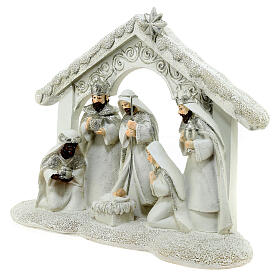 Nativity stable with Holy Family and Wise Men white and silver 20x25x5 cm