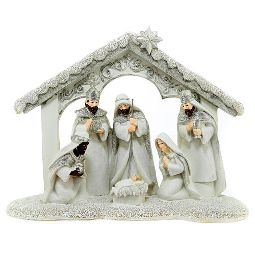 Nativity scene with three Magi white gold stable 20x25x5 cm 1