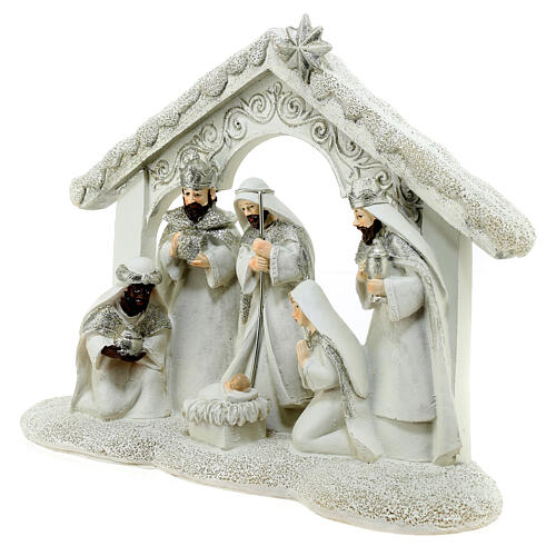 Nativity scene with three Magi white gold stable 20x25x5 cm 2