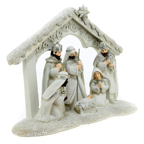 Nativity scene with three Magi white gold stable 20x25x5 cm 3