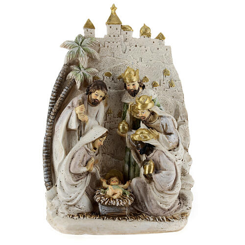 Heilige Familie Drei Heilige Könige mit Palme Landschaft aus Harz, 25x20x5 cm 1