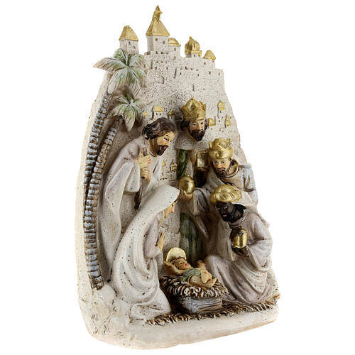 Holy Family Three Kings landscape palm trees resin 25x20x5 cm 3